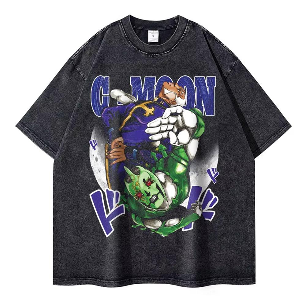 Anime JoJos Bizarre Adventure T Shirt Men Vintage Streetwear Manga Stone Ocean Washed T-shirts Kujou Jolyne Unisex Tops Tee