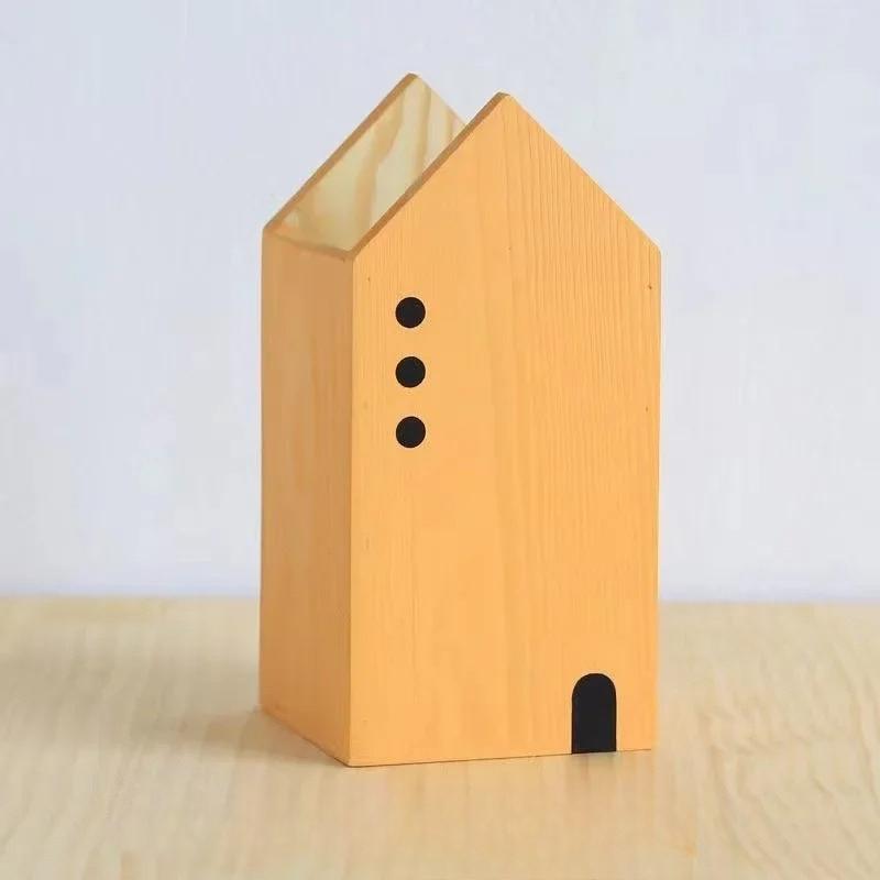 

Cartoon House Wooden Pen Holder Pencil container Makeup Brush Stationery storage box Student/ Office Desktop Storage Organiser S