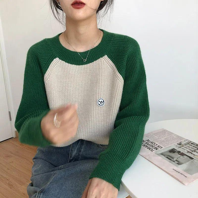 Women's Color-Block Crew Neck Raglan Sleeve Sweater Loose Outer-Wear Thickened Long-Sleeve Top Versatile Knitwear for Autumn & Winter