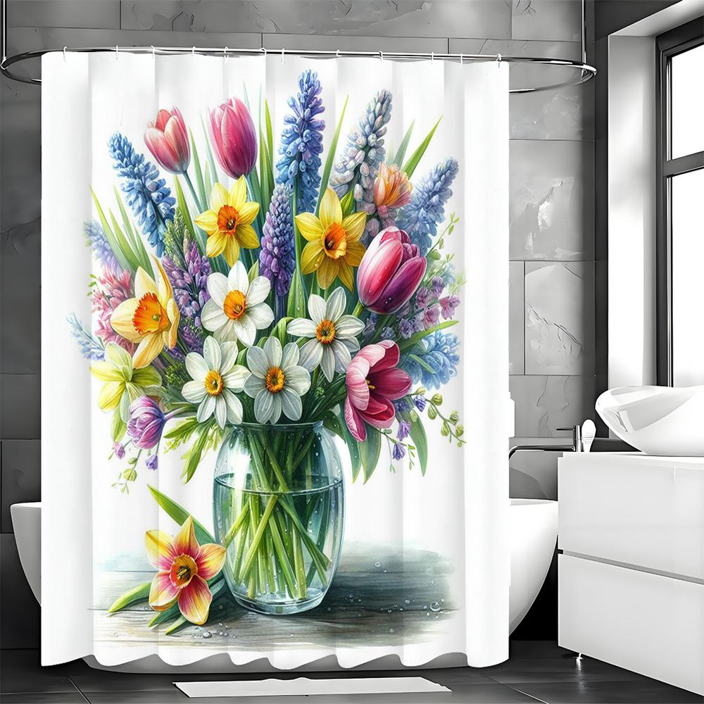 Vase Bouquet Floral Shower Curtain, Bathroom Decorative Shower Curtain, Waterproof Shower Curtain with Hooks