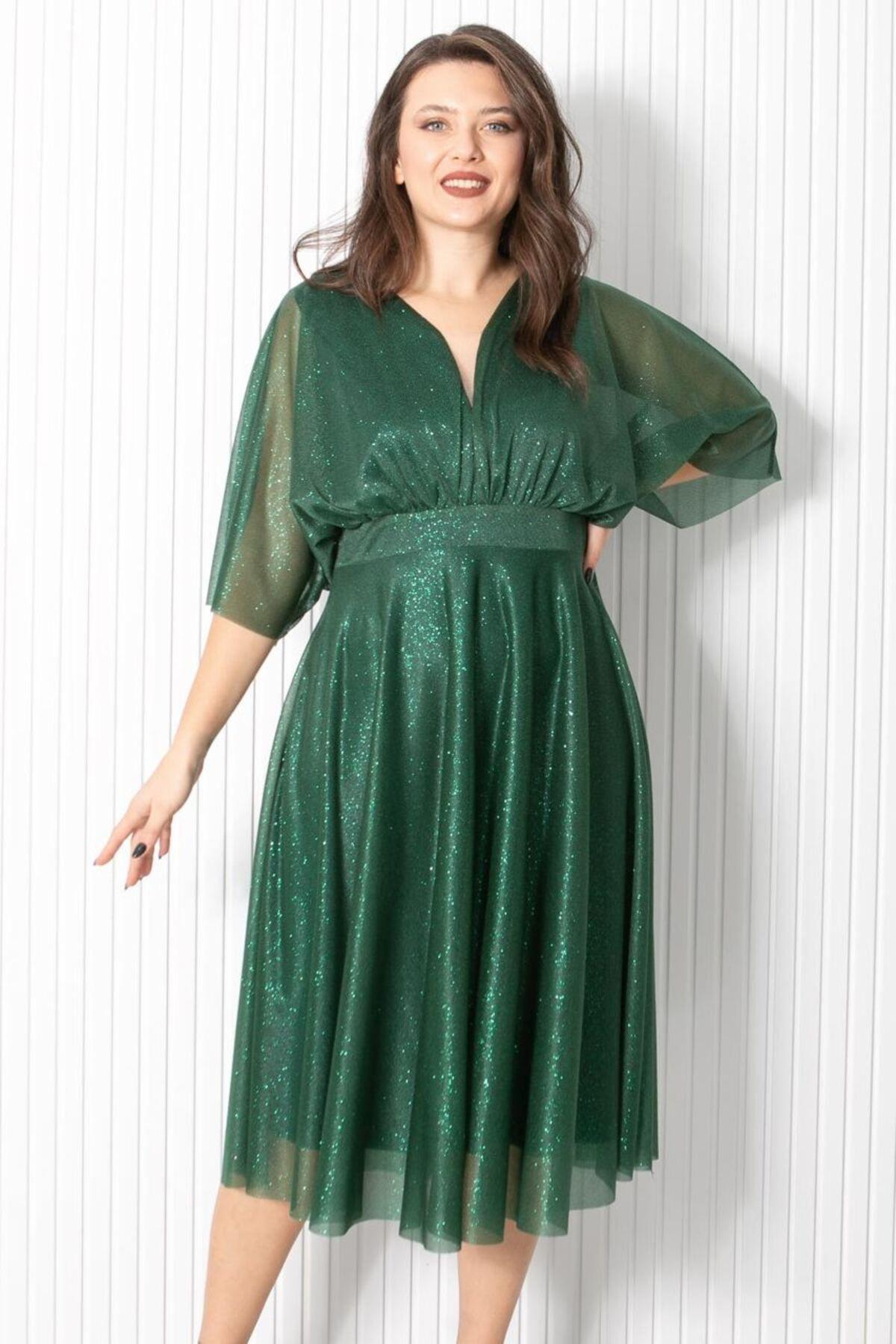 

Women s Big Size Dress Silvery Tulle Evening Dress Emerald Fhm902