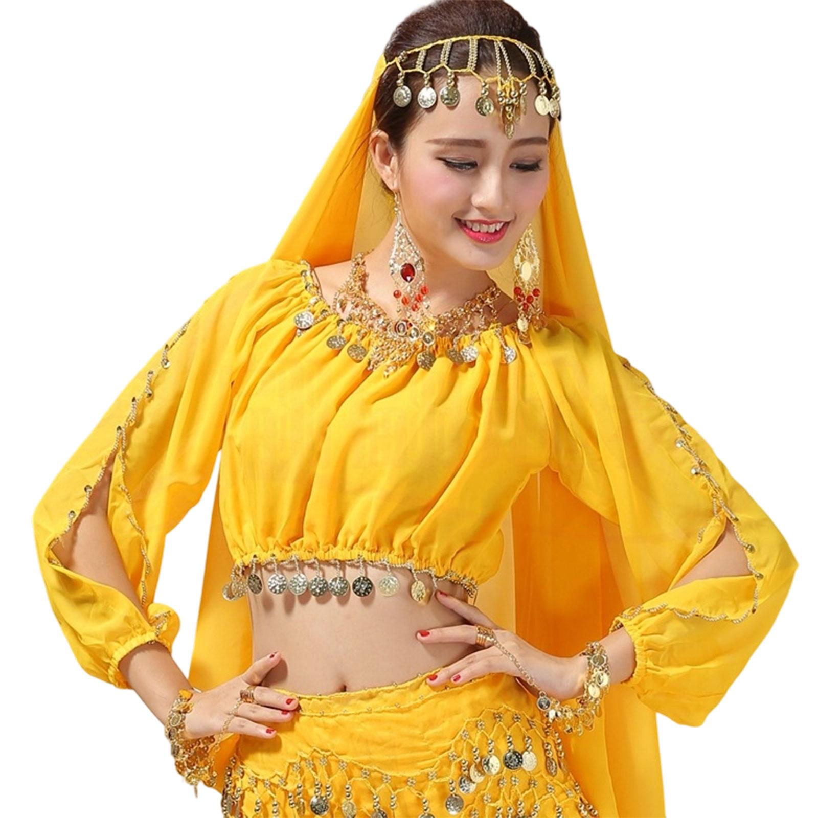 

Костюм для танца живота для женщин Свитшот с круглым вырезом с длинным рукавом Топ с монетами Наряды для carnival жёлтый