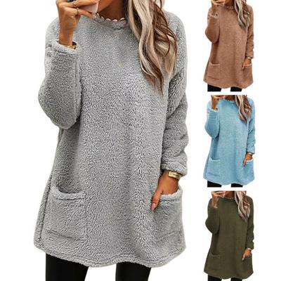 Lady Winter Sweatshirt with Dual Pockets Pure Color Plush Round Neck Loose