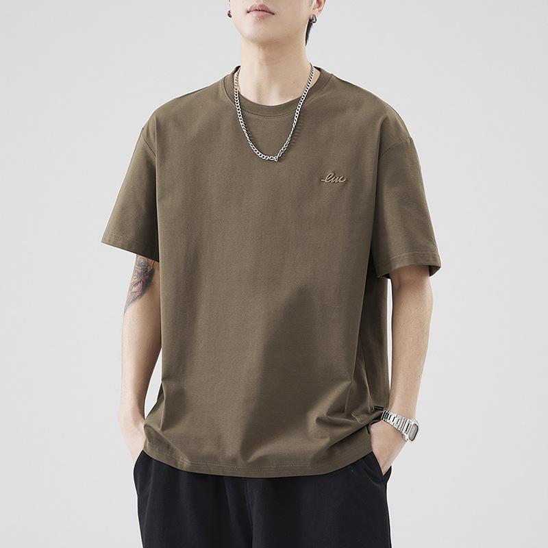 

Men Crew Neck Short Sleeve T Shirt With Small Embroidery Loose Fit Casual Daily Tops M кофейный