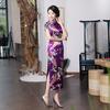 Peacock Print Women Chinese Long Cheongsam Bridesmaid Short Sleeve Evening Dress