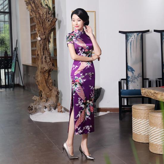 Peacock Print Women Chinese Long Cheongsam Bridesmaid Short Sleeve Evening Dress