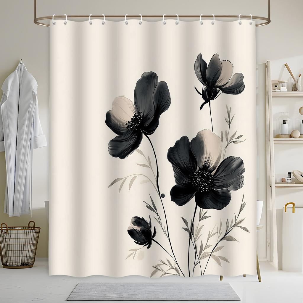 Black & White Poppies Bath Curtain-Minimalist Floral Design,Soft Petals on Cream, Polyester,Machine Washable,Elegant Bath Decor