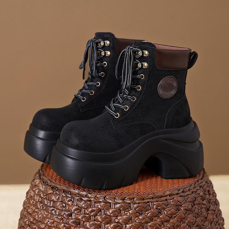 Mode Damen Neue Herbst Winter Leder Stiefeletten 9CM Klobige Absätze Motorradstiefel Frau Dicke Sohle Hohe Plateau Kurze Stiefeletten