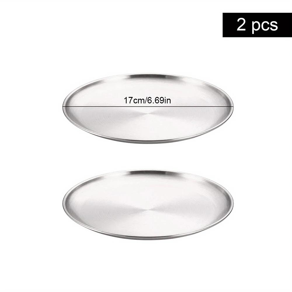 2Pcs Stainless Steel Round Plate Bone Spitting Dish Shallow Tray Metal Camping Plate Dining Disc BBQ Picnic Dishes Cookware