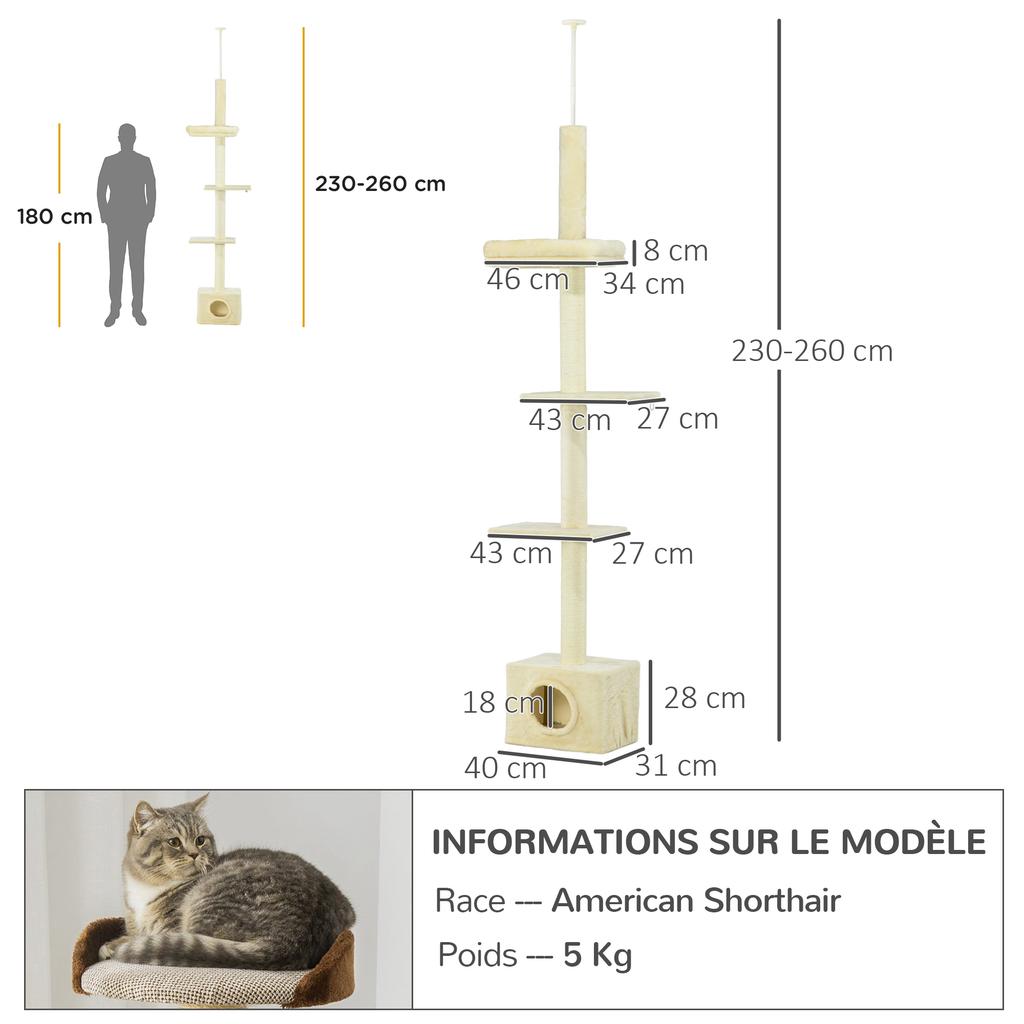 Cat Tree Scratching Post Adjustable Height Dim 440L X 31P X 240 270H Cm 4 Activity Levels With Niche