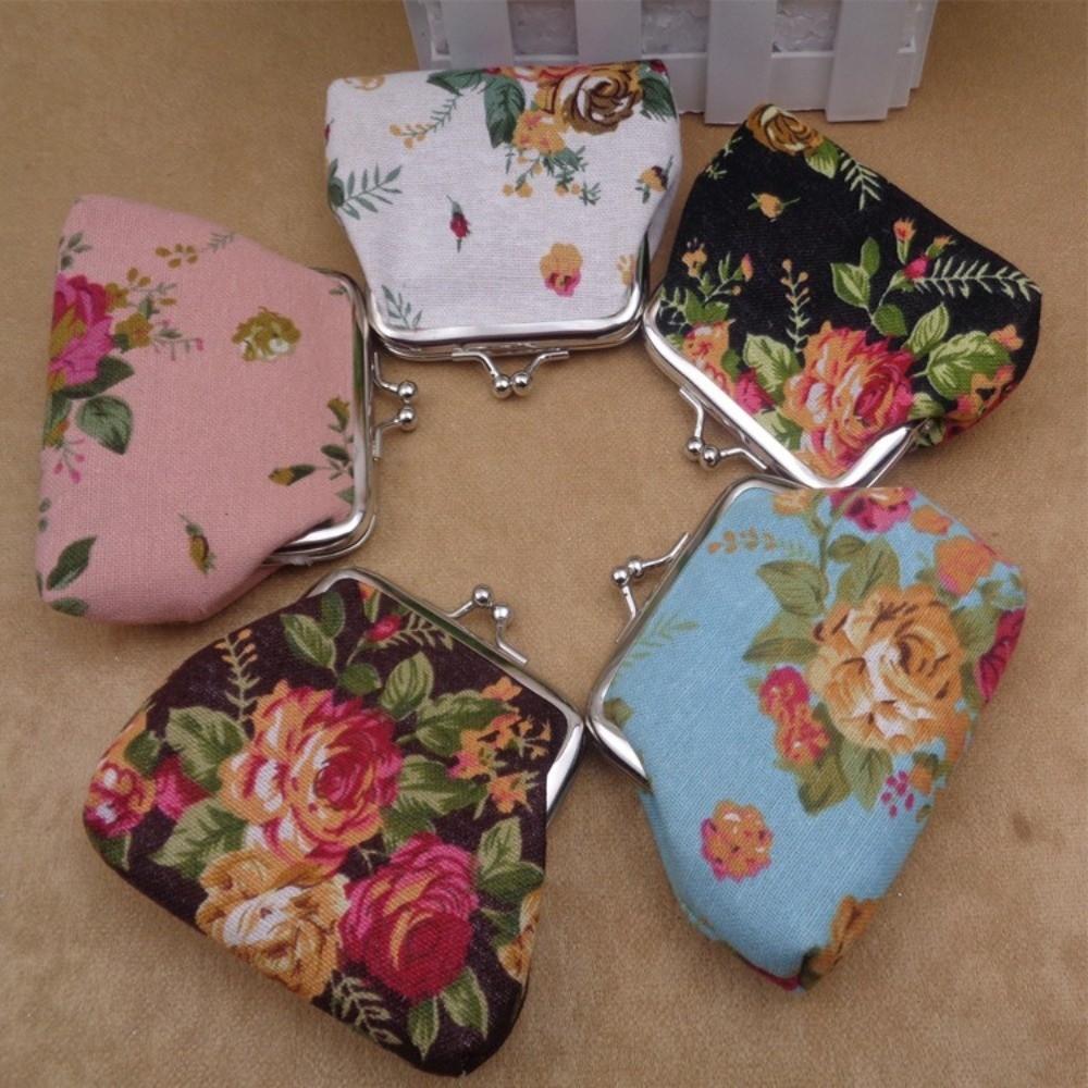 Fashion Mini Coin Purse Rose Floral Print Canvas Clutch Wallet Metal Hasp Makeup Bag for Women