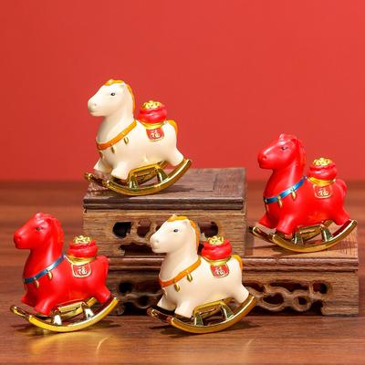 Resin Year of The Horse Zodiac Ornament with Blessing Word Auspicious Rocking Horse Desk Decoration Mini Pony Sculpture Study