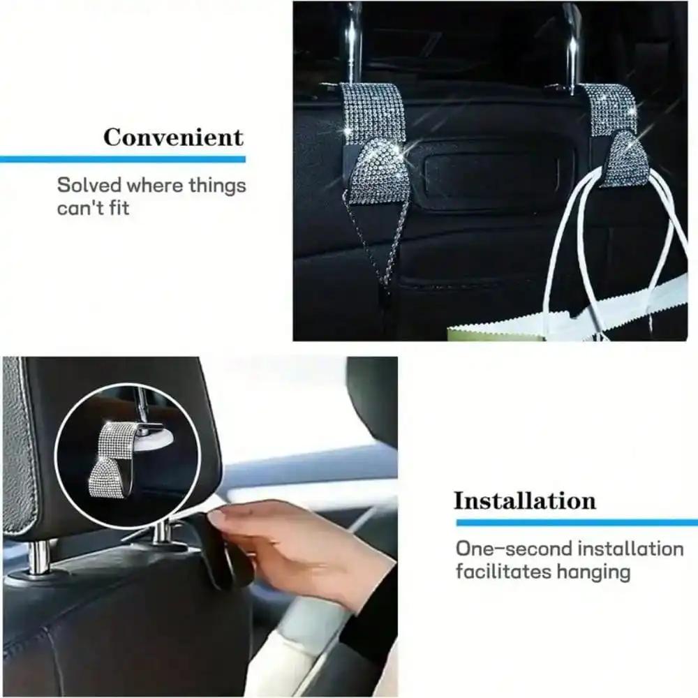 2pcsMultifunction Portable Rhinestone Car Seat Back Hook Headrest Storage Holder Hanging Bag Organizer Auto Interior Accessories