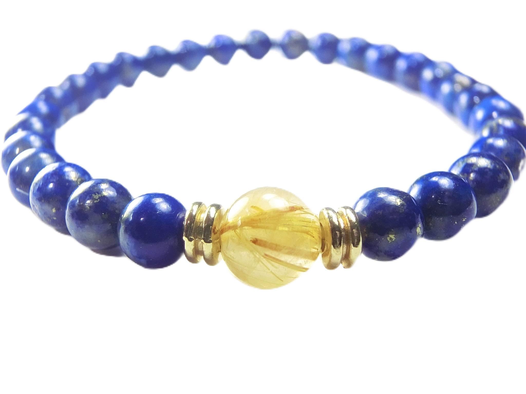

Kanaishi good fortune and wealth to your Gold Rutilated Quartz and Genuine Uncolored Lapis Lazuli Bracelet for Men and Natural 8mm x 6mm Crumbled