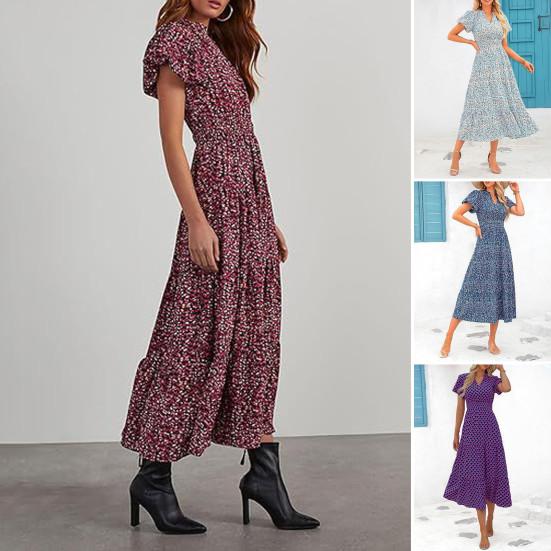 Vestido de mujer V Big Swing Flor Manga de burbuja Cuello pequeño Estampado corto Línea A Cintura alta