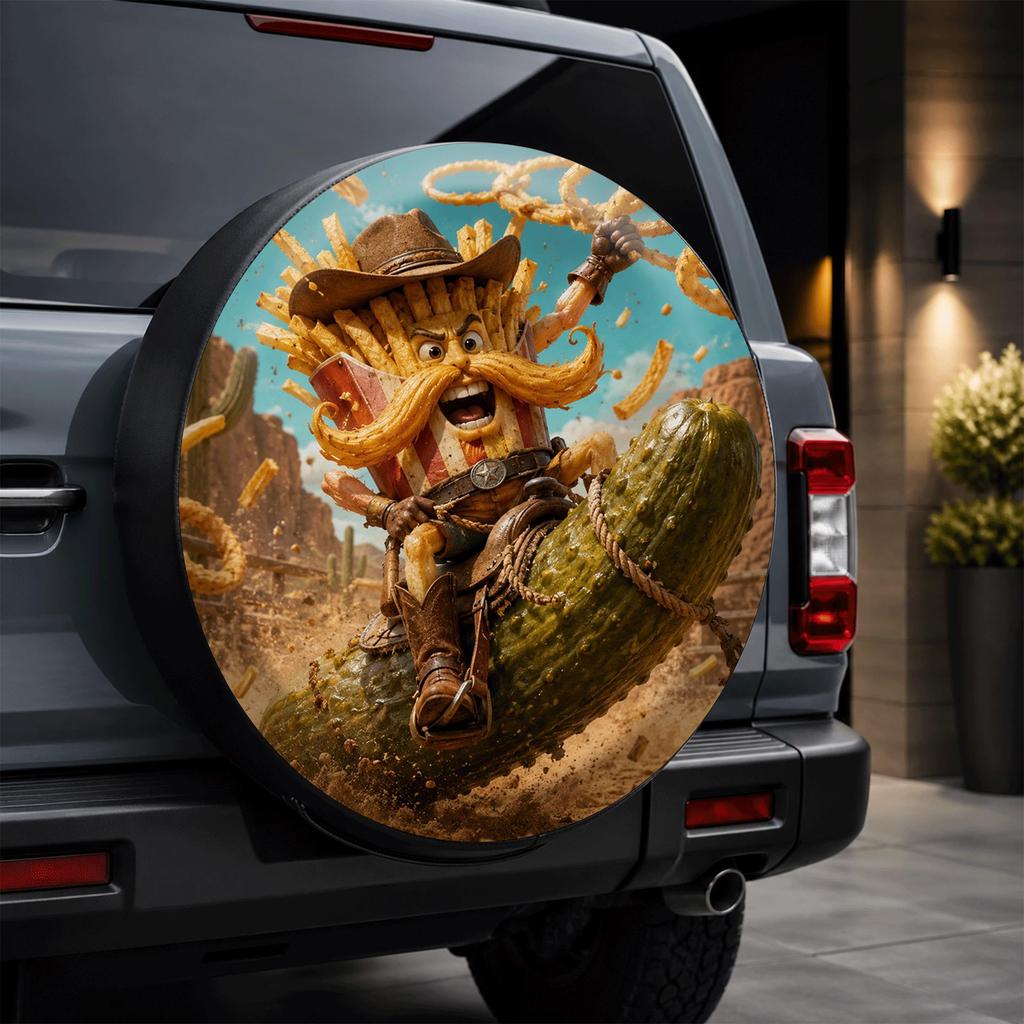 1pc Fun Cowboy French Fries Print Car Tire Cover & Wheel Protector - Spare Tire Protector Suitable for Outdoor Camping, Road Trips, Easy Install, Comp