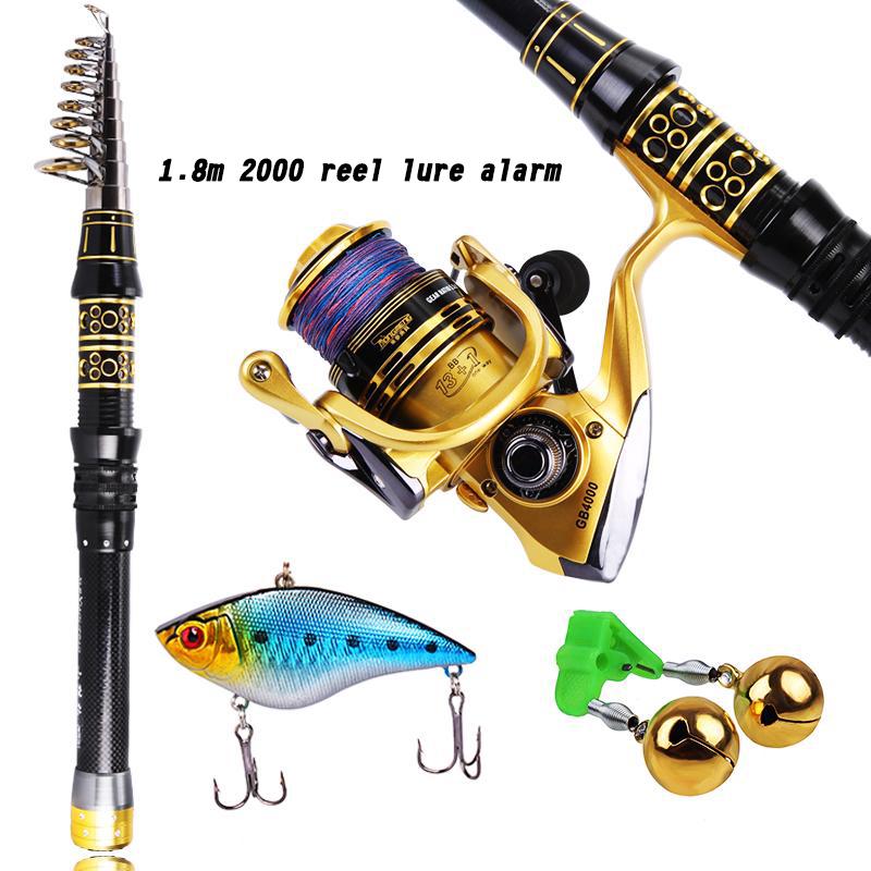 Fishing Combo CarbonTelescopic Rod and Metal Full Spinning Reel VIB Minnow Alarm Fishing Tackle Set