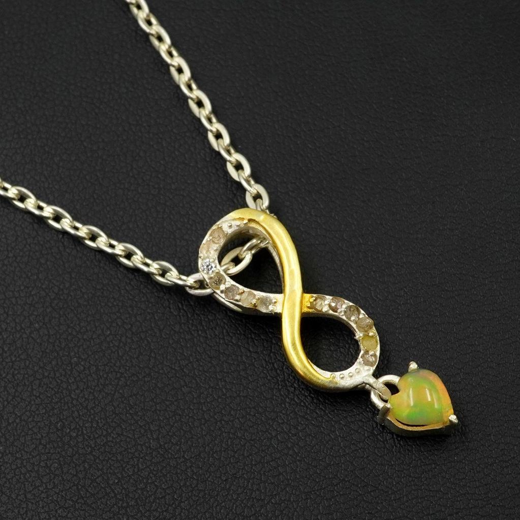 Ethiopian Silver Opal and Diamond Pendant - Handmade Gemstone Jewelry