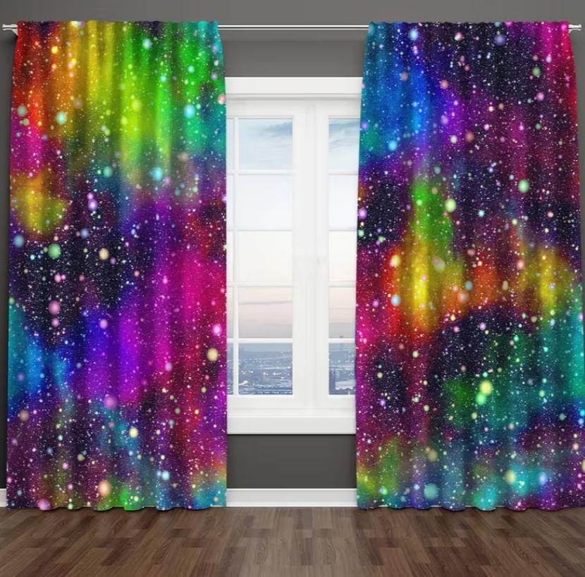2pcs Colorful Galaxy Curtains | Semi-Sheer Rod Pocket Window Drapes for Bedroom & Living Room, Outer Space Theme Room Decor