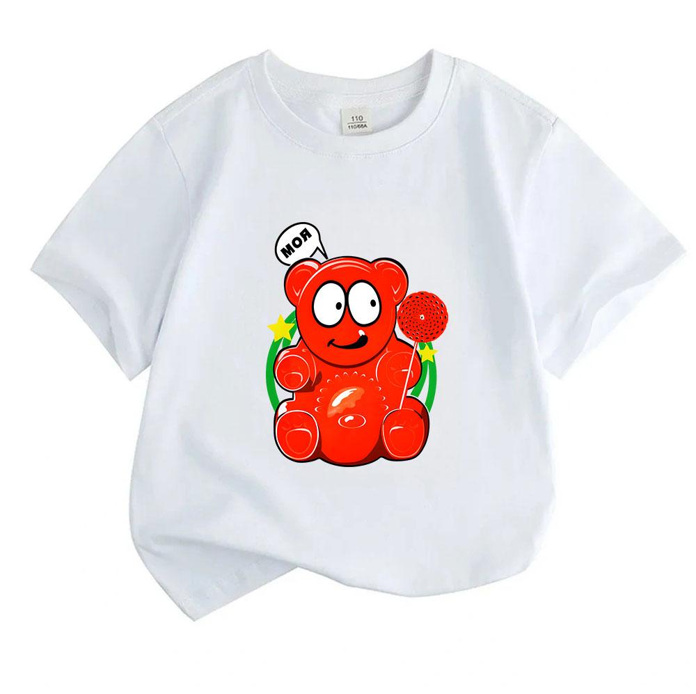 Kids Boys Girls Crew Neck Short Sleeve 100% Cotton T-Shirt Cute Glossy Red Gummy Bear Print Casual Lightweight Soft Summer Daily Tees for Children