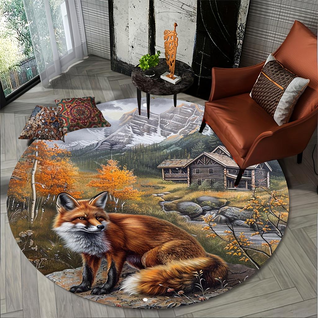 Flannel Printed Round Rug With Fox Mountain Cabin Design For Home Decor Soft Floor Mat Nature Art Theme Rustic Style