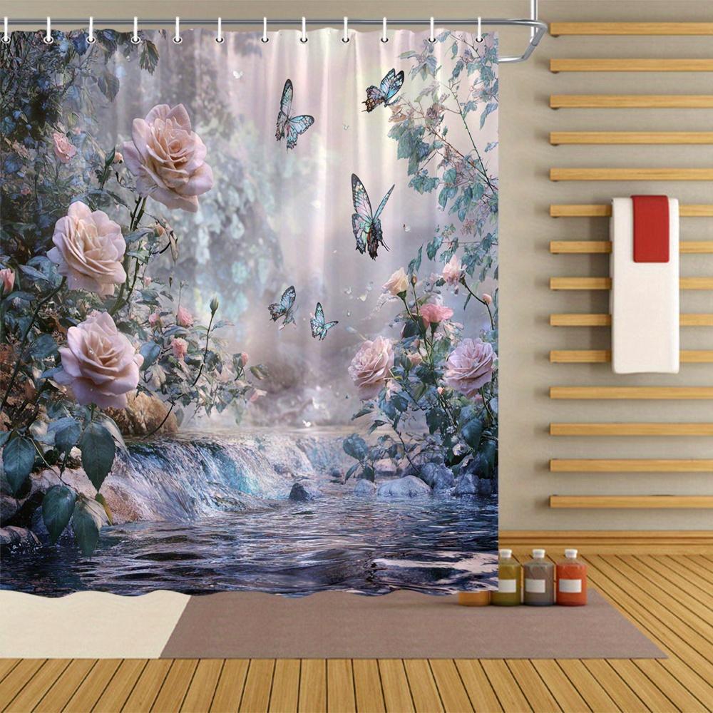 

1pc Enchanted Garden Shower Curtain - Pink Roses & Butterflies, Durable Polyester, Machine Washable, 70x70 , 12 Hooks W90XH180cm