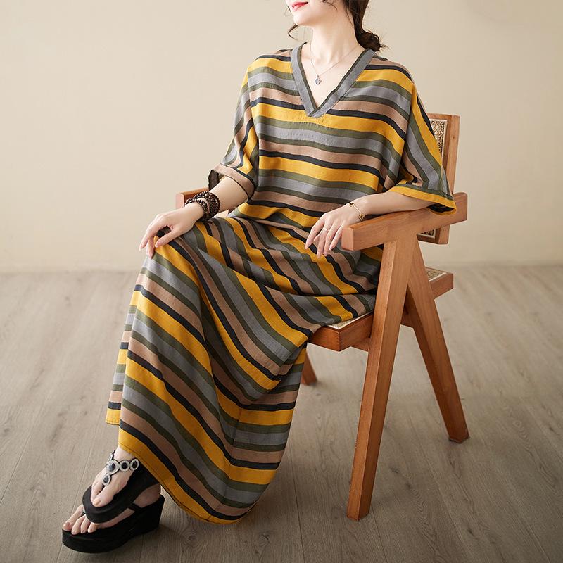 

Striped V-Neck Plus Size Vacation Dress - Women’s Loose Beachwear Plus Size, One Size
