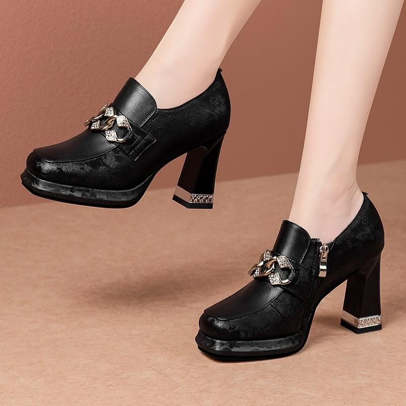 Fashion Women's Thick Heel Shoes Spring Square Head Deep Mouth Side Zipper Metal Chain Thick Sole Anti-slip Wear-resistant High Heels