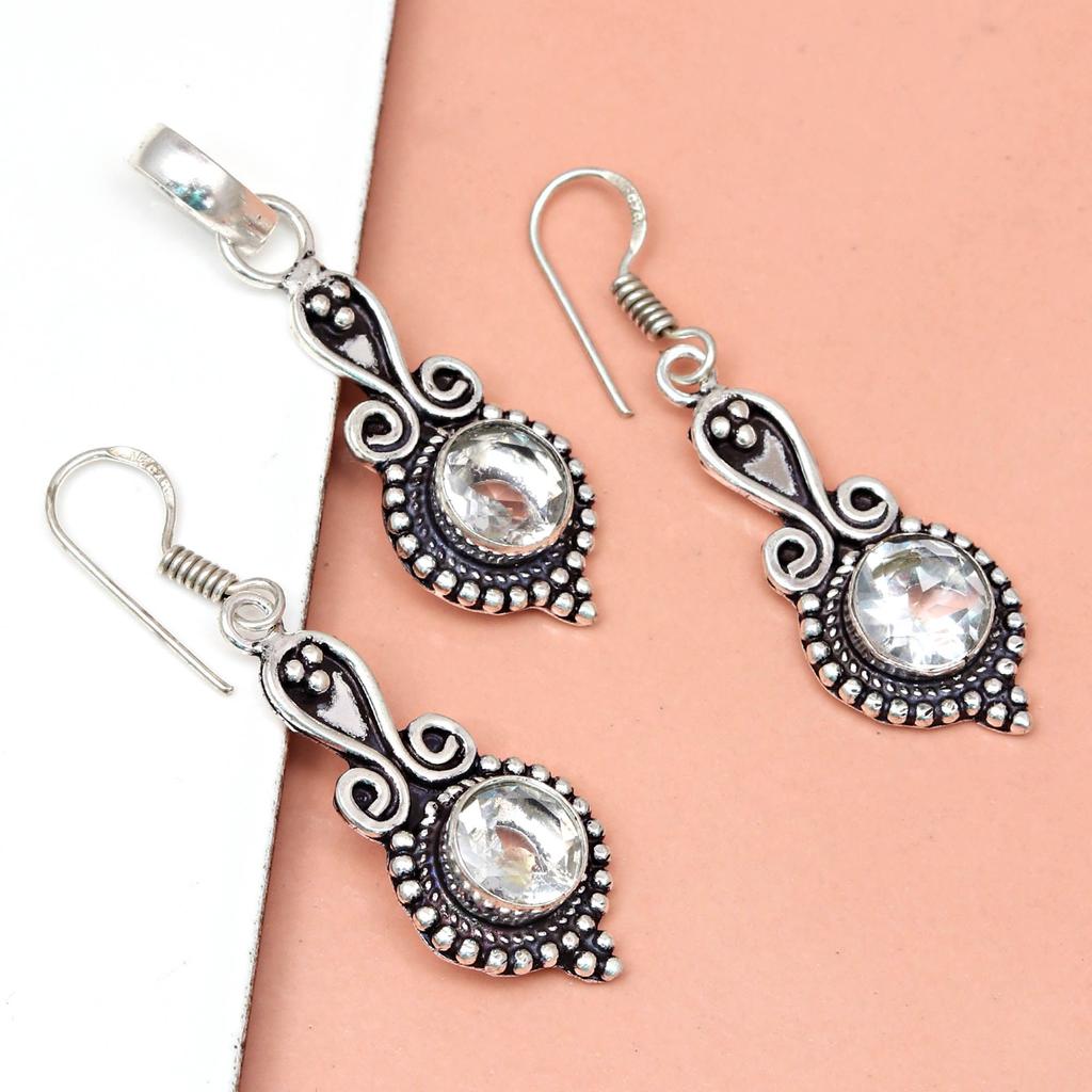 Topaz Set White Pendant Earrings Jewelry Necklace Gemstone  Blue