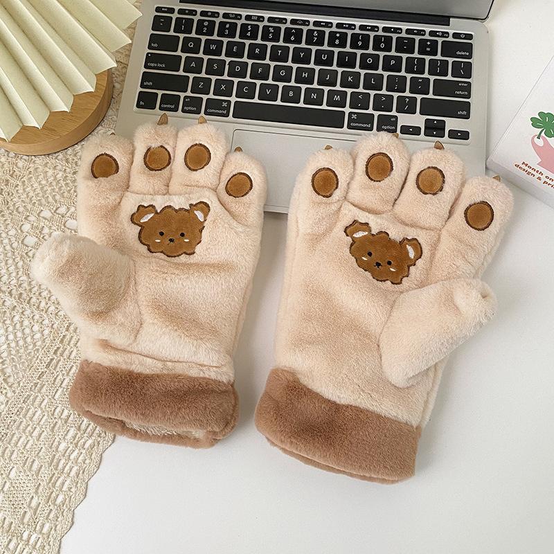 Little Bear Paw Fluffy Gloves Winter Girls To Keep Warm Fleece and Thickened Bear Paws Outdoor Bicycling Cute Cartoon Gloves New