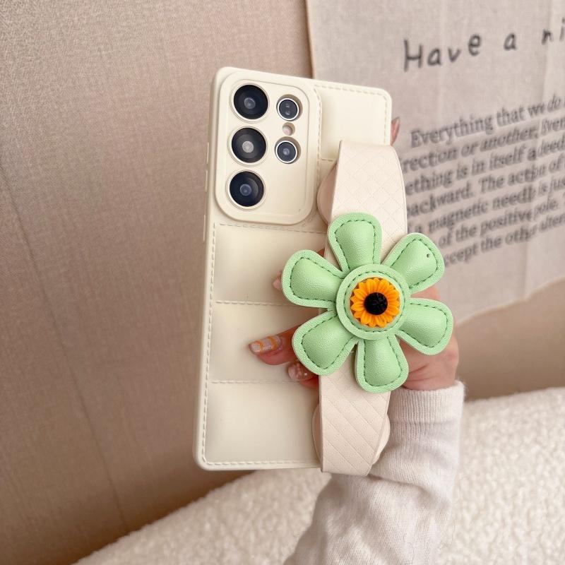 Down Jacket Sunflower Wristband Case for Samsung Galaxy S26 Ultra S2 S24 Plus S23 S22 FE A6 A Bracket Soft Cover