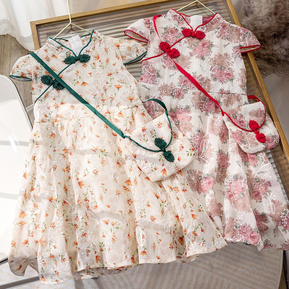 Girls Summer Vintage Floral Cheongsam Dress Baby Princess Hanfu Cotton Linen Party Dress For Kids