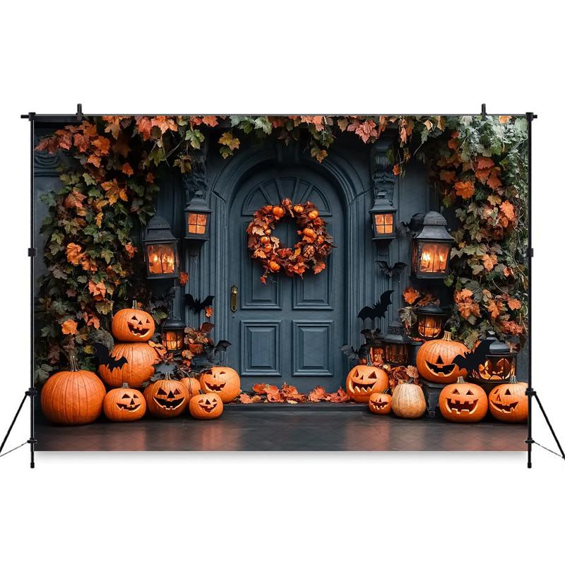 Mocsicka Halloween Photography Background House Door Bat Autumn Yellow Leaf Fall Pumpkin Party Decorations Child Photo Backdrops