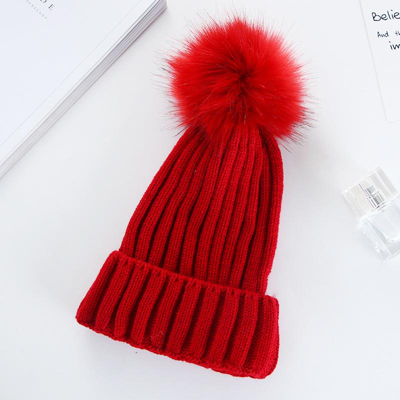 Korean Style Pom Pom Knit Beanie - Warm, Solid Color, Rolled Brim for Autumn & Winter