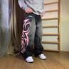 Unisex High Waist Straight Jeans Pants Loose Fit Streetwear Printed Denim Trousers