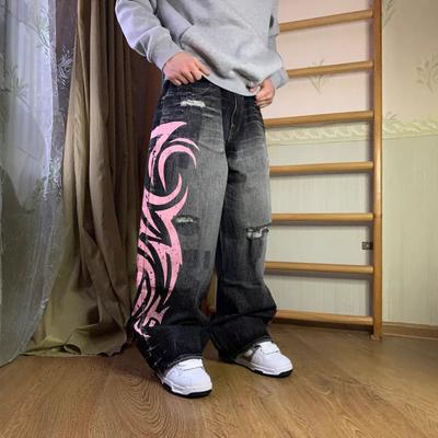 Unisex Hohe Taille Gerade Jeanshose Lockere Passform Streetwear Bedruckte Denimhose