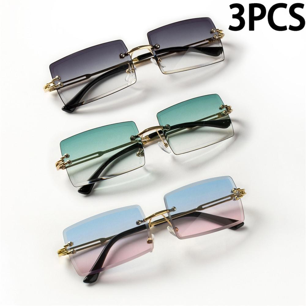 3PCS Fashion Rimless Sunglasses Women Trendy Small Rectangle Sun Glasses  Summer Traveling Style Brown Shades for Men