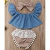 3Pcs/set Baby Outfit Set Infant Jeans Top Lace Shorts Pants Set Girls Summer Outfit Baby Photography Props With Bowknot Hairband