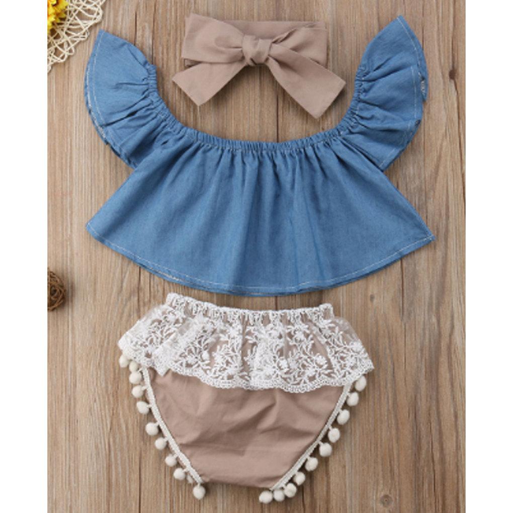 3Pcs/set Baby Outfit Set Infant Jeans Top Lace Shorts Pants Set Girls Summer Outfit Baby Photography Props With Bowknot Hairband