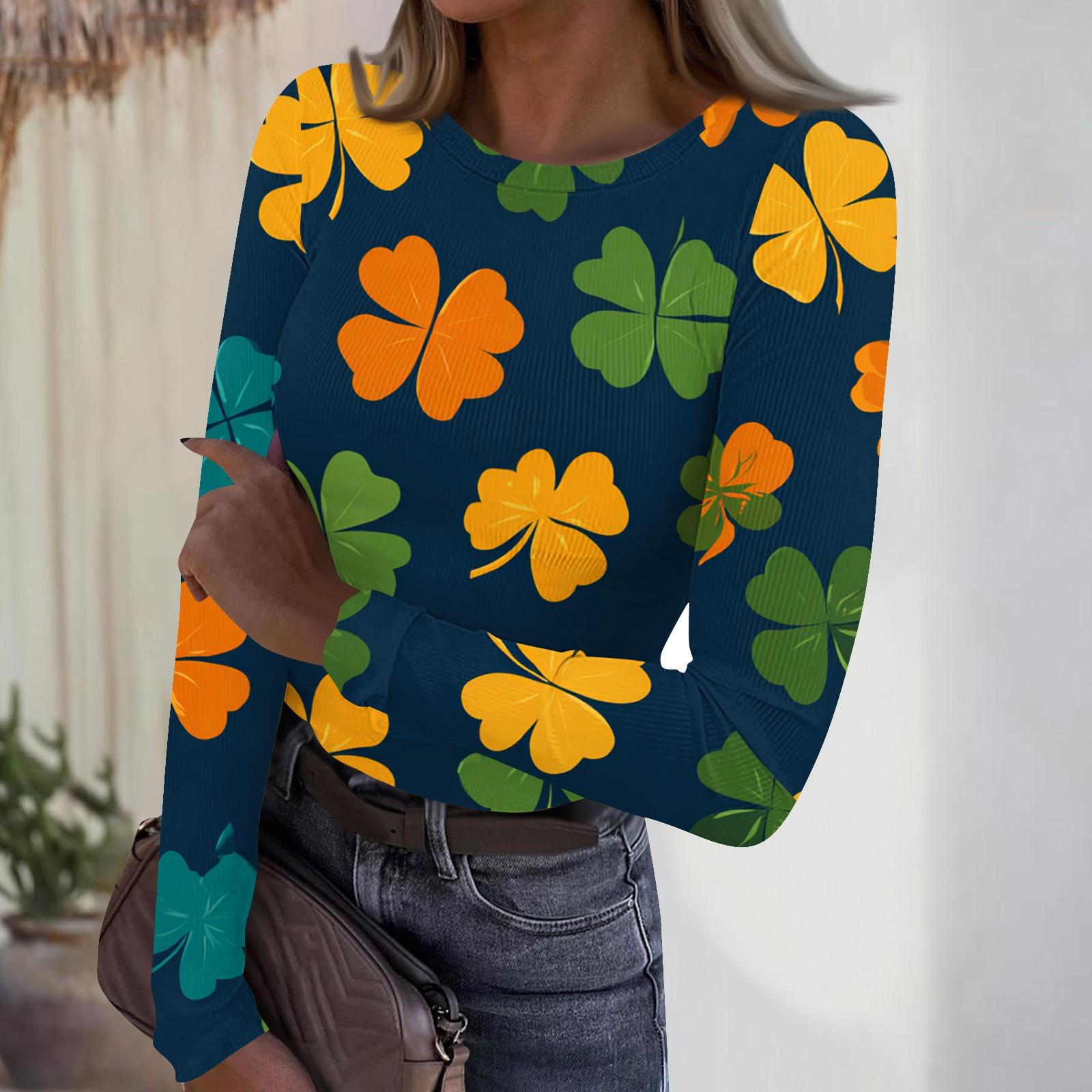 

Women s Casual Fashion Round Neck St. Patrick s Day Print Long Sleeve Ribbed Top M