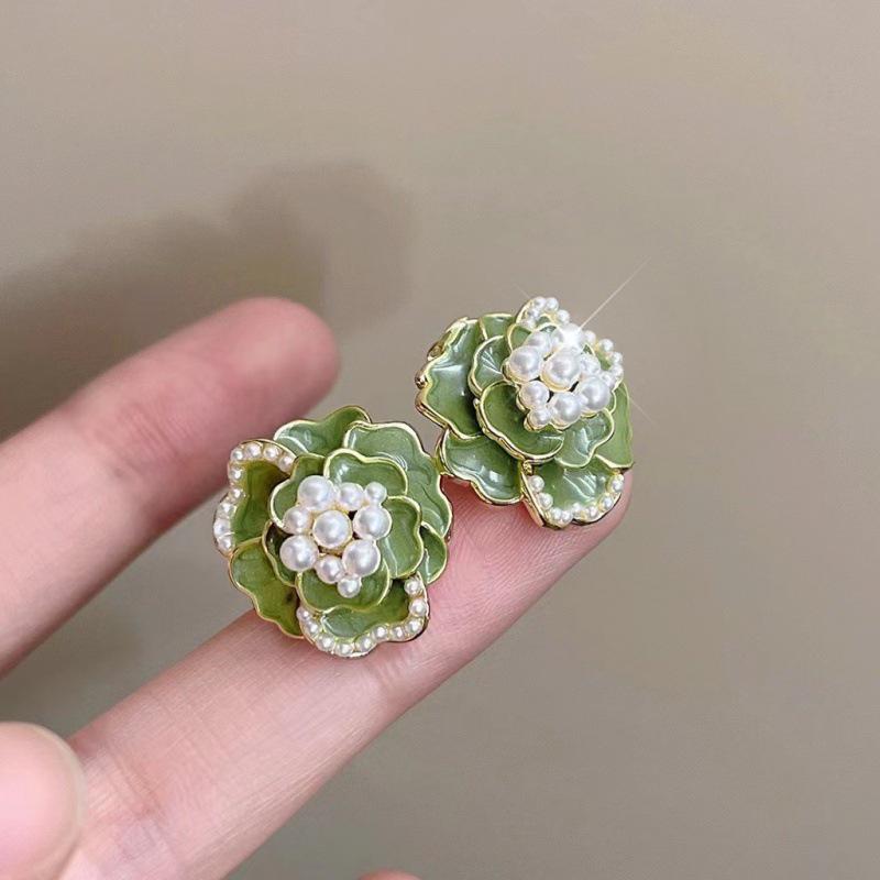 Elegant Green Drip Oil Camellia Stud Earrings - 2023 Trendy S925 Silver