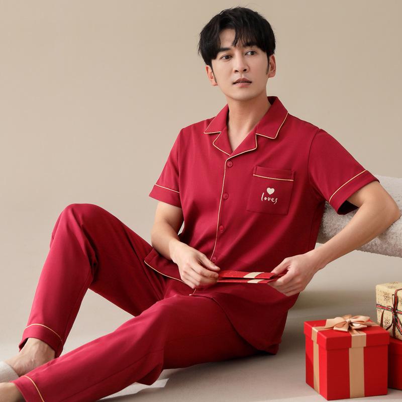 1011 Summer New Couple Pajamas Pure Cotton Red Natal Year Short-sleeved Trousers Set Wedding Men's and Women's Loungewear