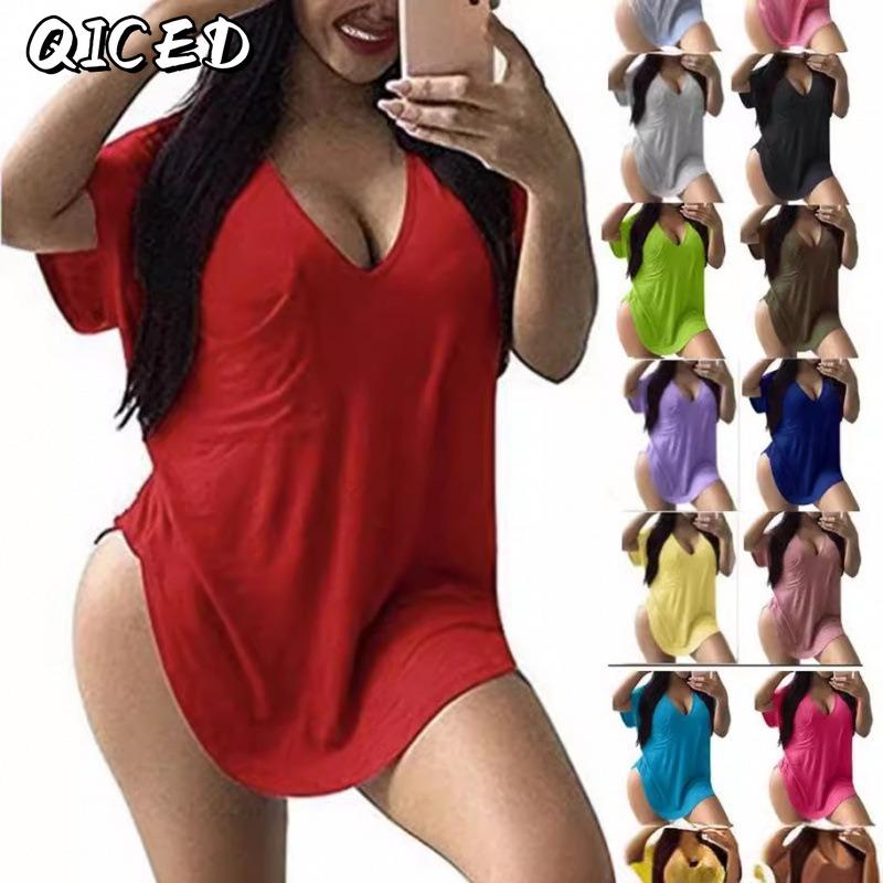 QICED Camicette e camicie da donna con scollo a V, maniche corte, stampa tinta unita casual alla moda