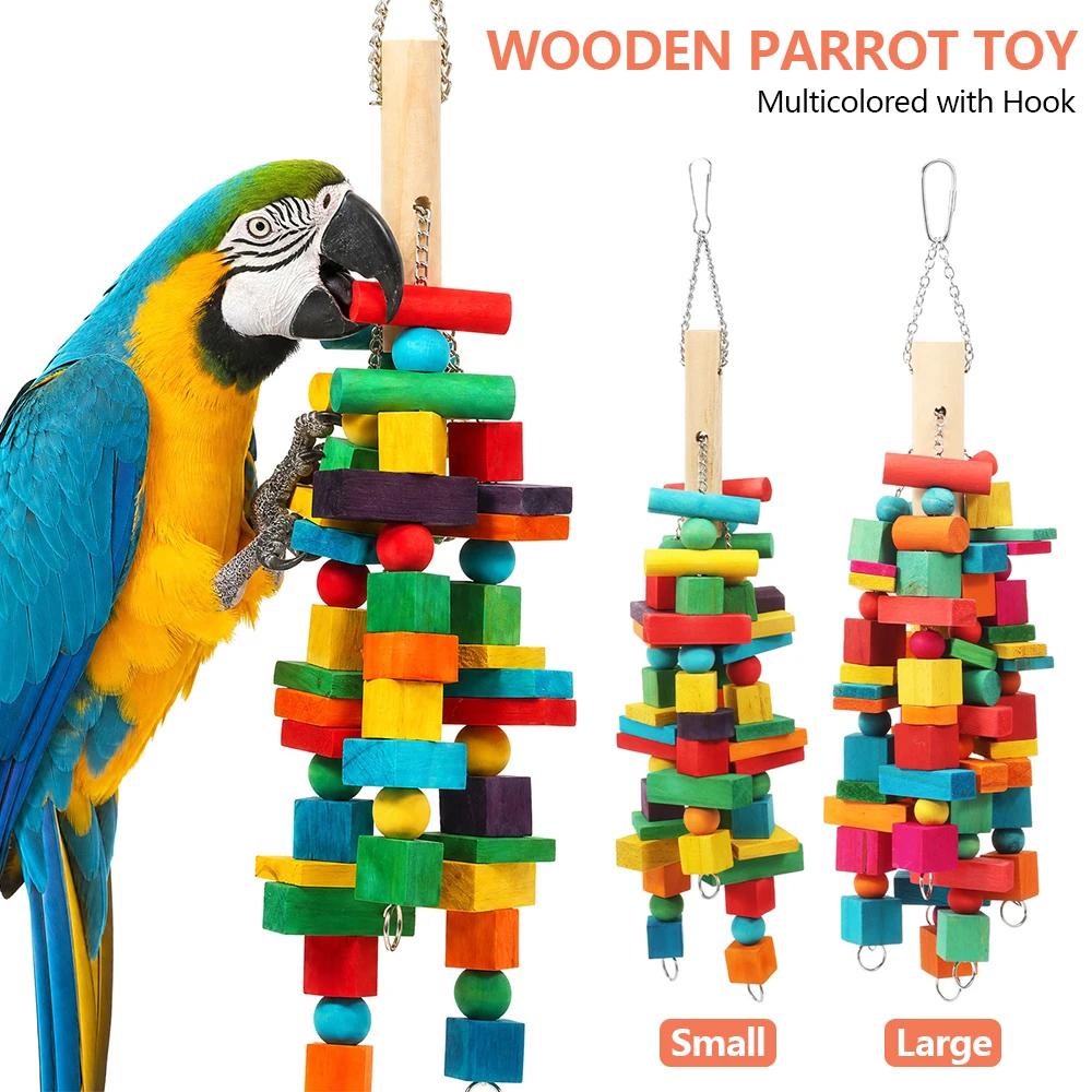 Parrot Toy Wooden Bird Chew Toy with Hook Multicolored Parrot Chewing Toy Birdcage Accessories Pet Supplies for Macaw Cockatoo