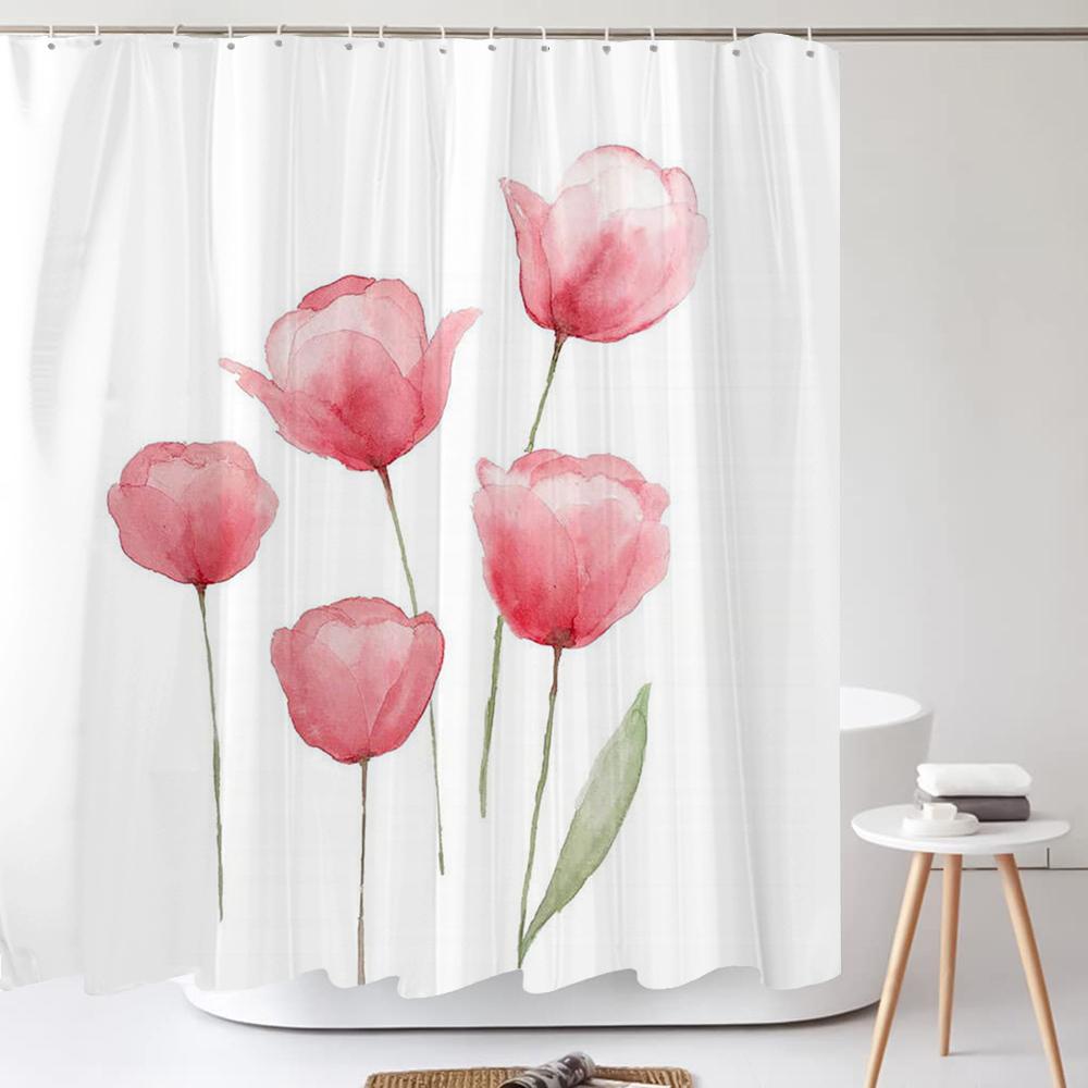 Watercolour Flower White Shower Curtain Simple Style 3D Plant Flowers Waterproof Polyester Bathroom Curtains Bath Screen Decor