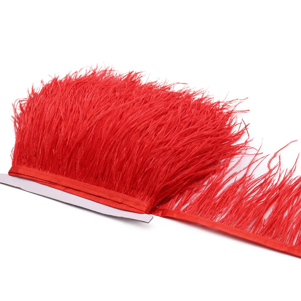 1Meter Red Ostrich Feathers Trim on Tape Ribbon Fringe 8-10cm Fabric Skirt Sewing Trimmings Feather Dress Clothes Decoration