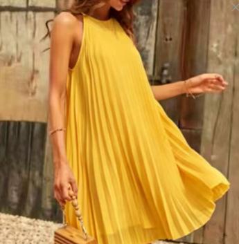 European and American Women's Clothing Spring and Summer New Products Round Neck Sleeveless Pleated Holiday Style Suspender Dress
