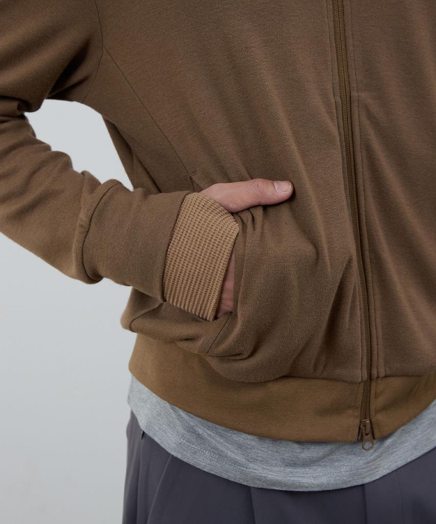MICHIKO LONDON SPORTS Soft Jersey Layered High-Neck Zip-Up Khaki Brown