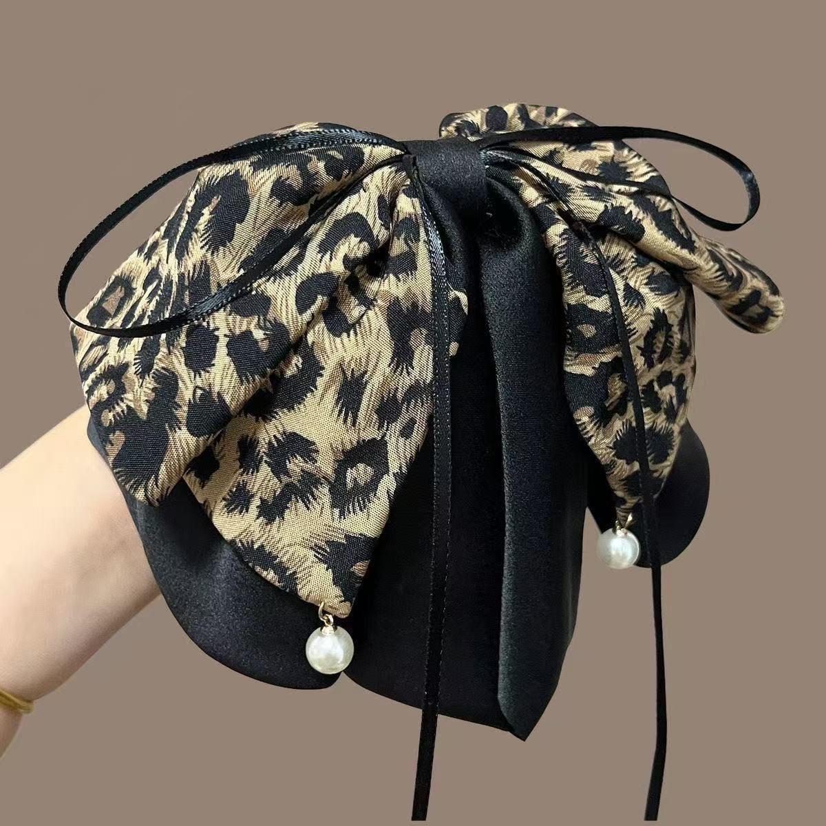 Korean Style Leopard Print Pearl Bow Hair Clip - Elegant Women s Headdress Accessory