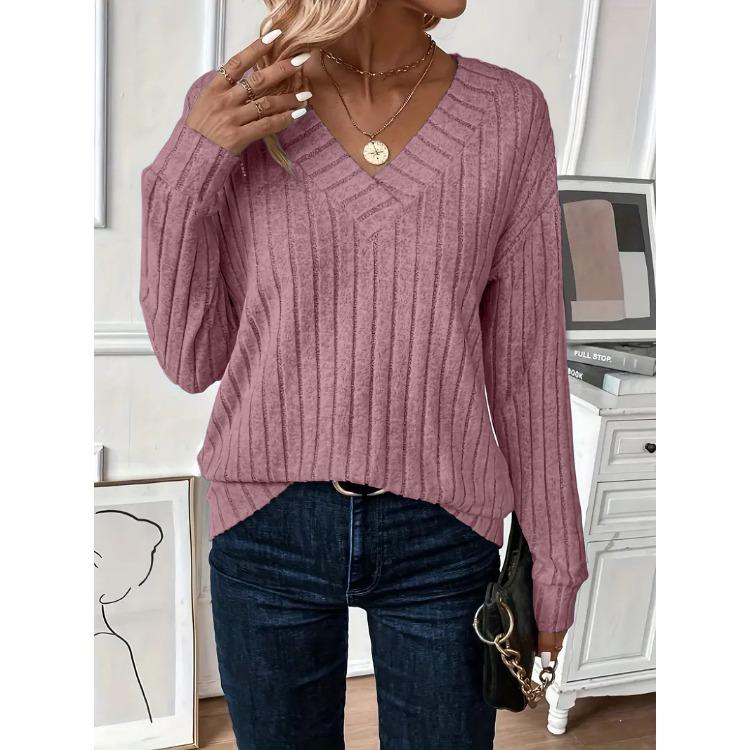 Women Plus Size V Neck Cable Knit Sweater Loose Long Sleeve Casual Pullover